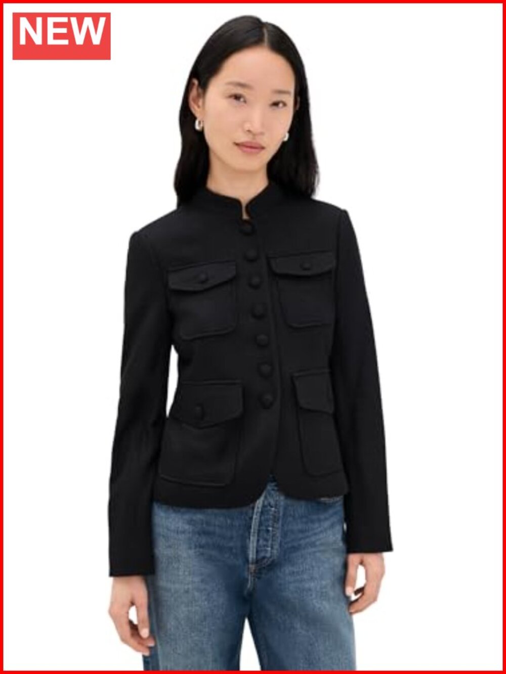 Mid-weight textured knit blazer with shoulder pads, flap pockets